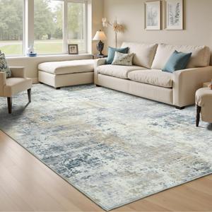 9x12 Abstract Rugs for Living Room, Blue Beige Large Area Rug, Non-Slip Machine Washable Carpet, Bedroom Dining Room Modern Decor, Soft Low Pile Kids Pet Friendly
