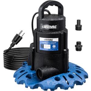 CrestWave Pool Cover Pump Automatic On Off, 1/3HP, 2950GPH Max Fast Draining, Heavy Duty, 25ft UL Cord, 3/4" Adapters, for Pools, Pool Cover, Hot Tubs, Basements