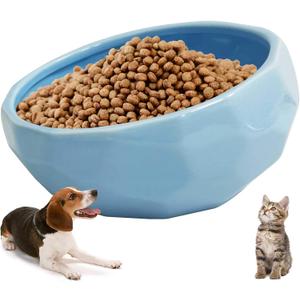 kathson 7'' Slanted Ceramic Dog Bowl Tilted 15 Cat Food Water Bowls Dish Animal Pet Comfort Feeding Bowls Heavy Weighted Feeder for Wet or Dry Food (Blue)