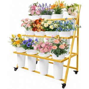 PROLEE Flower Stand with 12 Buckets, Flower Display Stand with Wheels, Flower Cart, Moving Florist Bouquet Shelf for Party and Wedding, Gold