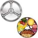 Korean Stainless Steel Divided Round Plates, Little Kids Toddlers Babies Tray, BPA Free, Diet Control, Camping Dishes, 8 Inch Compact Serving Platter, 3 Compartment Plate, Set of 2