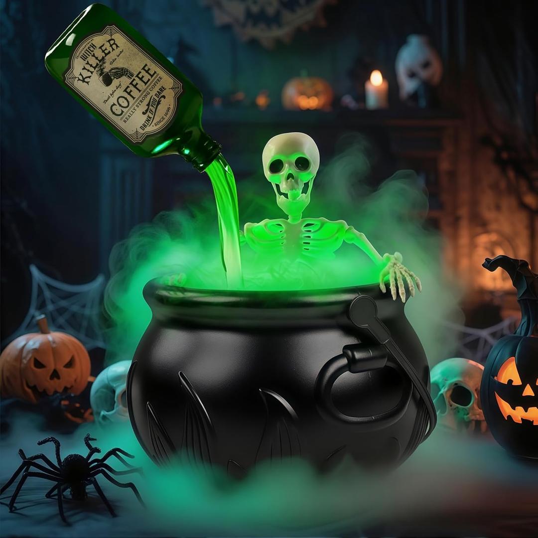 Halloween Decorations Indoor, Cauldron Halloween Decor Set with Magic Floating Potion Bottles Skeleton Mist Maker, Black Witches Cauldron Diffuser for Home Kitchen Mantel Party Decor