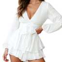 Bonkwa Women's Summer Deep V-Neck Floral Print Romper Long Baggy Sleeves Double Layer Ruffle Hem Short Jumpsuits with Belt