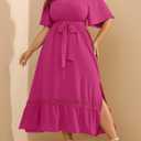 RWJ Women's Plus Size Dress for Cocktail Wedding Guest Formal V Neck Off The Shoulder Maxi Dress with Belt (Pink, XXXL)