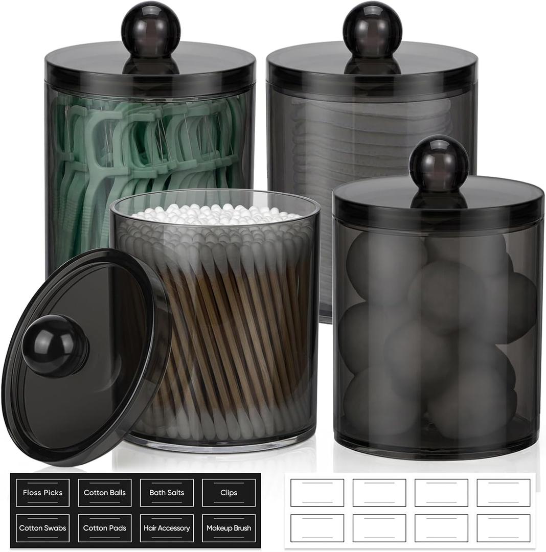 4 Pack Acrylic Qtip Holder Dispenser for Cotton Swabs, Balls, Pads, Floss Picks- Clear Acrylic Canister Apothecary Jar Set, Bathroom Essentials Accessories Decor Vanity Makeup Storage Organizer -Black