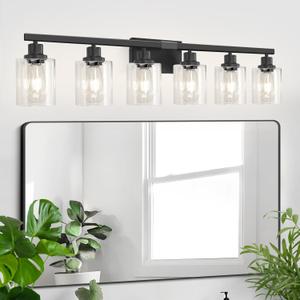 6-Light Black Vanity Lights for Bathroom, 38'' Modern Bathroom Vanity Lighting Fixtures for Mirror, Matte Black Bathroom Light Fixtures, Black Wall Sconces for Bedroom Living Room Hallway