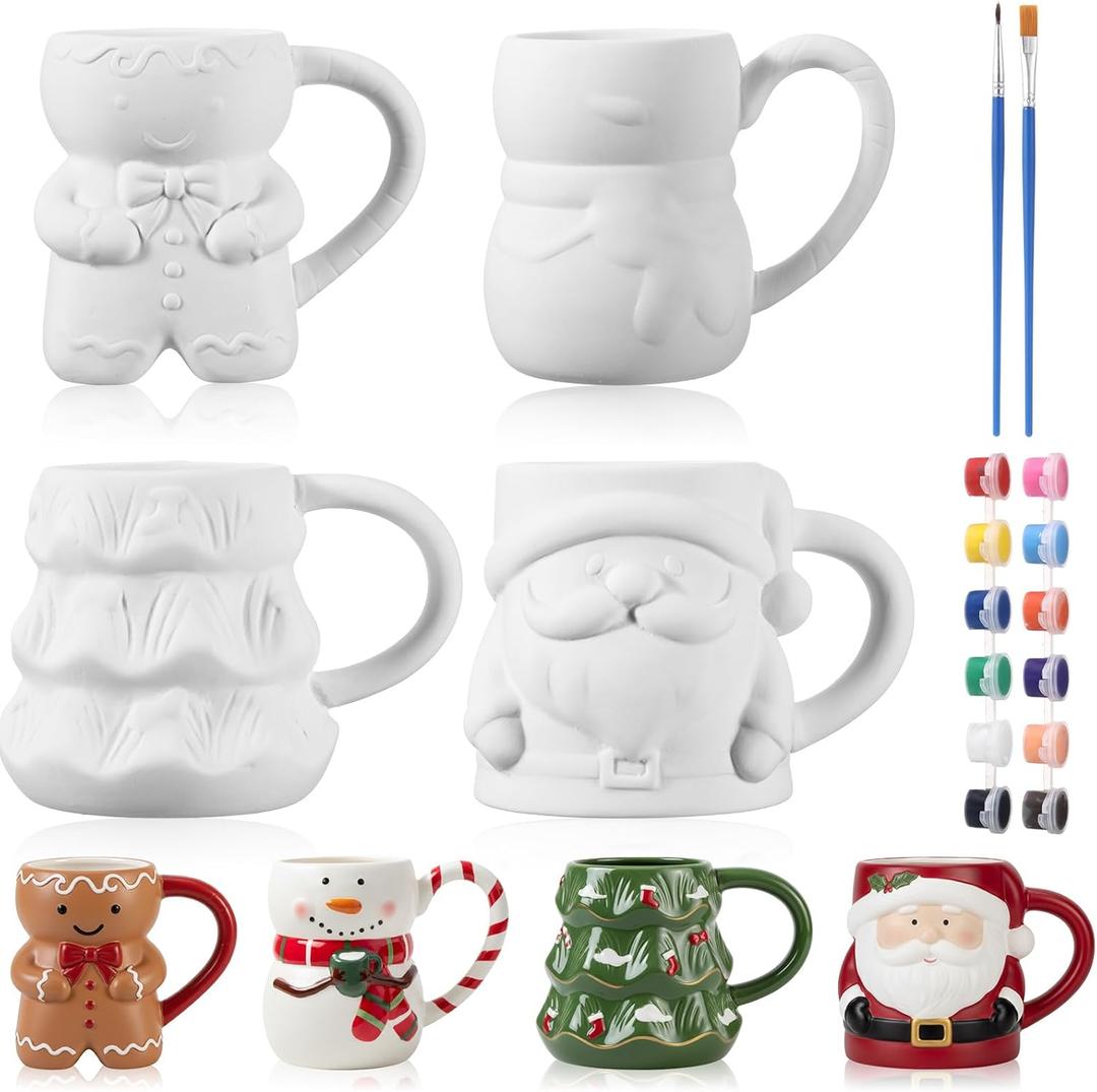 Jingmore 4 Sets Christmas Coffee Mug Paint Craft Kit Paint Your Own Snowman Santa Gingerbread Man Christmas Tree Mug Ceramic DIY for Adults Includes Ceramic White Cup and Painting Supplies for Xmas