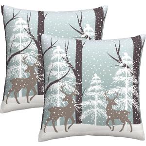 Sweetshow Winter Wildlife Deer Pillow Covers 16x16 Inch Christmas Landscape Deers Snow Tree Ivory Gold Throw Pillows Set of 2 Soft Cotton Pillow Case for Home Sofa Bedroom Livingroom Decor