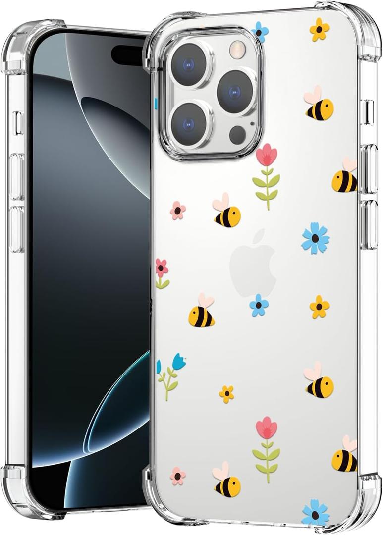 YESPURE for iPhone 16 Pro Clear Soft Case Cute Floral Bee Pattern Cover Soft TPU Flexible Rubber Cornors Bumper Spring Case Shockproof Anti-Yellowing Protective Phone Case for iPhone 16 Pro - Bee
