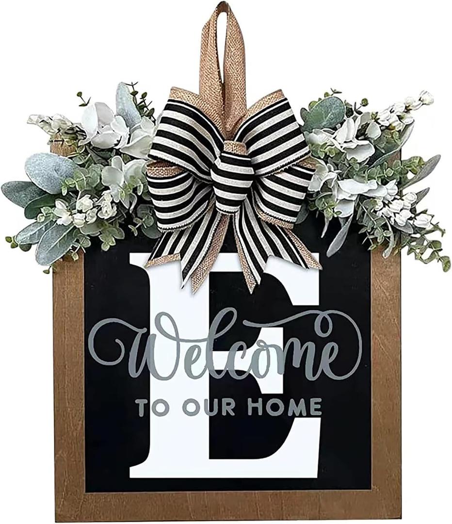 Last Name All Year Round Front Door Wreath with 26 Initial Letter Welcome Sign All Seasons Eucalyptus Garland and Bow ，Farmhouse, Porch, for Spring Summer Fall All Seasons Holiday Halloween Christmas.（E）