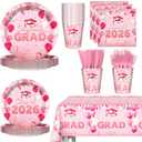AIBIIN 145pcs Pink Graduation Party Supplies 2026 Graduation Plates and Napkins, Cup, Tablecloth, Tableware, Class of 2026 Congrats Grad Disposable Dinnerware Congrats Grad Decorations Serve 24 Guests
