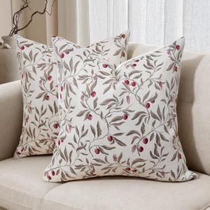 makkey Throw Pillow Covers Set of 2 18x18 Fall Farmhouse Neutral Floral Pillow Covers Square Decorative for Sofa Bed Living Room Home, Red Cherry