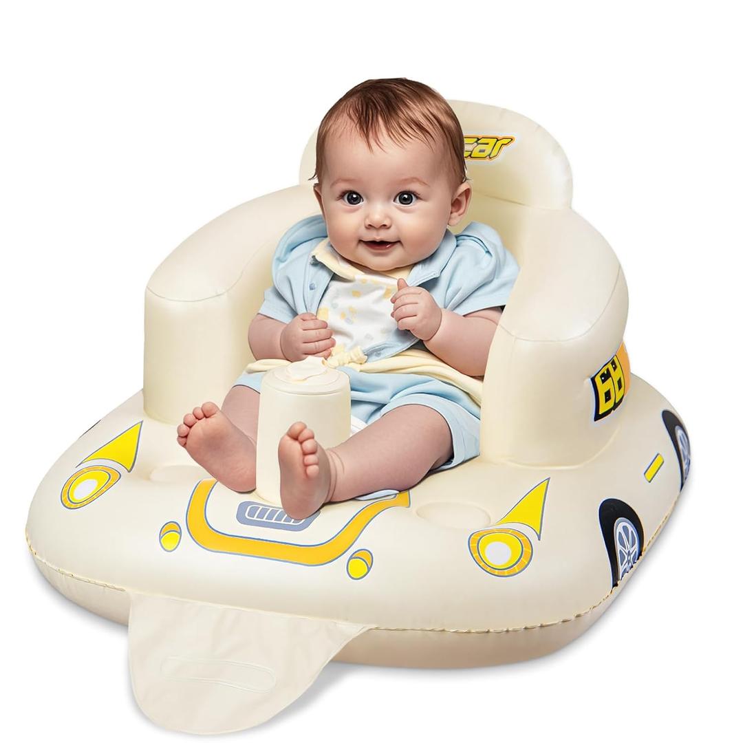 JOSEN Inflatable Seat for Babies 3 Months & Up, Baby Floor Seat Learn to Sit Up, Portable Infant Feeding Shower Chair, Blow Up Baby Chair with Built-in Air Pump - Cool Car