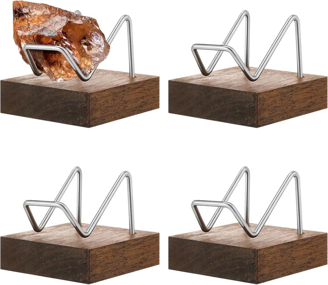 4 Pcs Rock Display Stand Metal Arms Crystal Display with Wooden Pedestal Base Decorative Easel Stand Holder Mineral Crystal for Gemstone Decor Collectibles