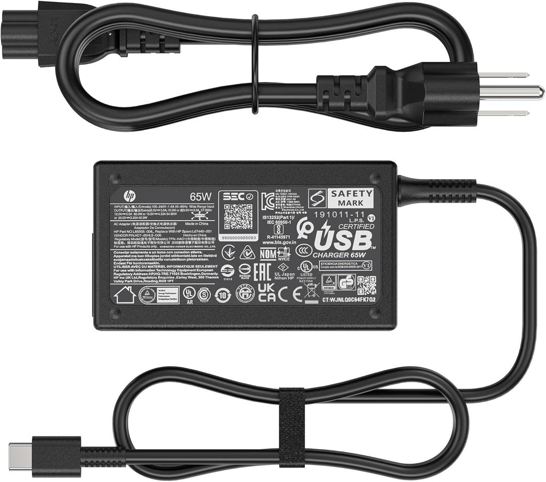 65W Laptop USB C Charger for HP EliteBook x360 1040 630 745 835 840 G9 845 860 G10 HP Elite x2 1012 G2 G4 G8 ProBook 440 450 455 460 Hp Envy x360 17 Spectre x360 - Type-C 20V 3.25A P/N: L65505-002