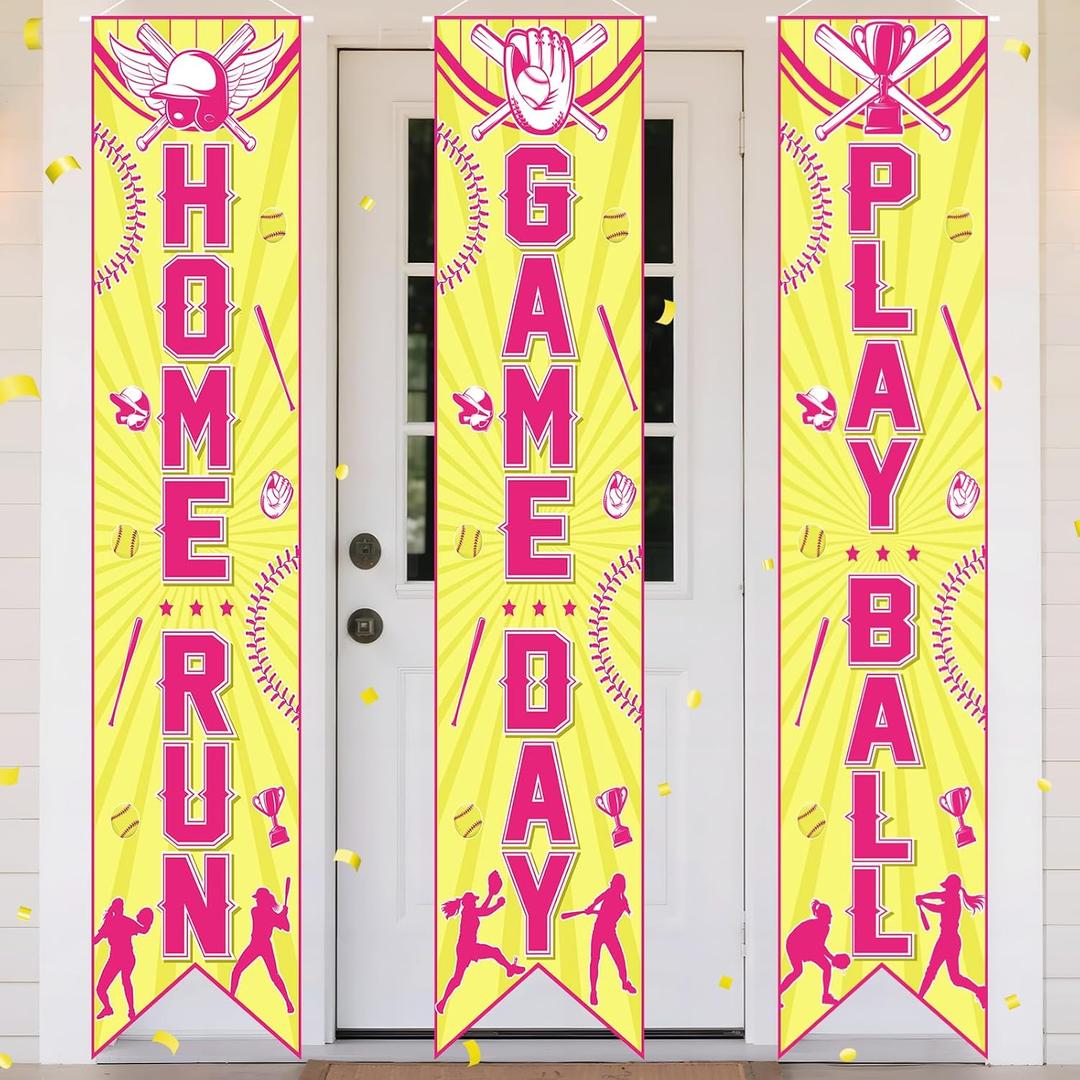 3PCS Softball Porch Sign Banners,Yellow Softball Sports Party Decorations Welcome Hanging Baseball Door Banner for Wall Yard Game Time Day Festival Party Supplies Decor School Home Indoor Outdoor