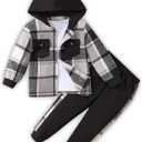 Toddler Boy Clothes Plaid Hooded Shirt White T-shirt Top and Solid Color Pants 3Pcs Winter Boys Clothes, 6-7 Years