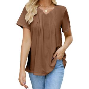 Womens T Shirts Short Sleeve Pleated Dressy Tunic Casual V Neck Summer Tops Blouses Beach Vacation Clothes (Medium, Khaki)
