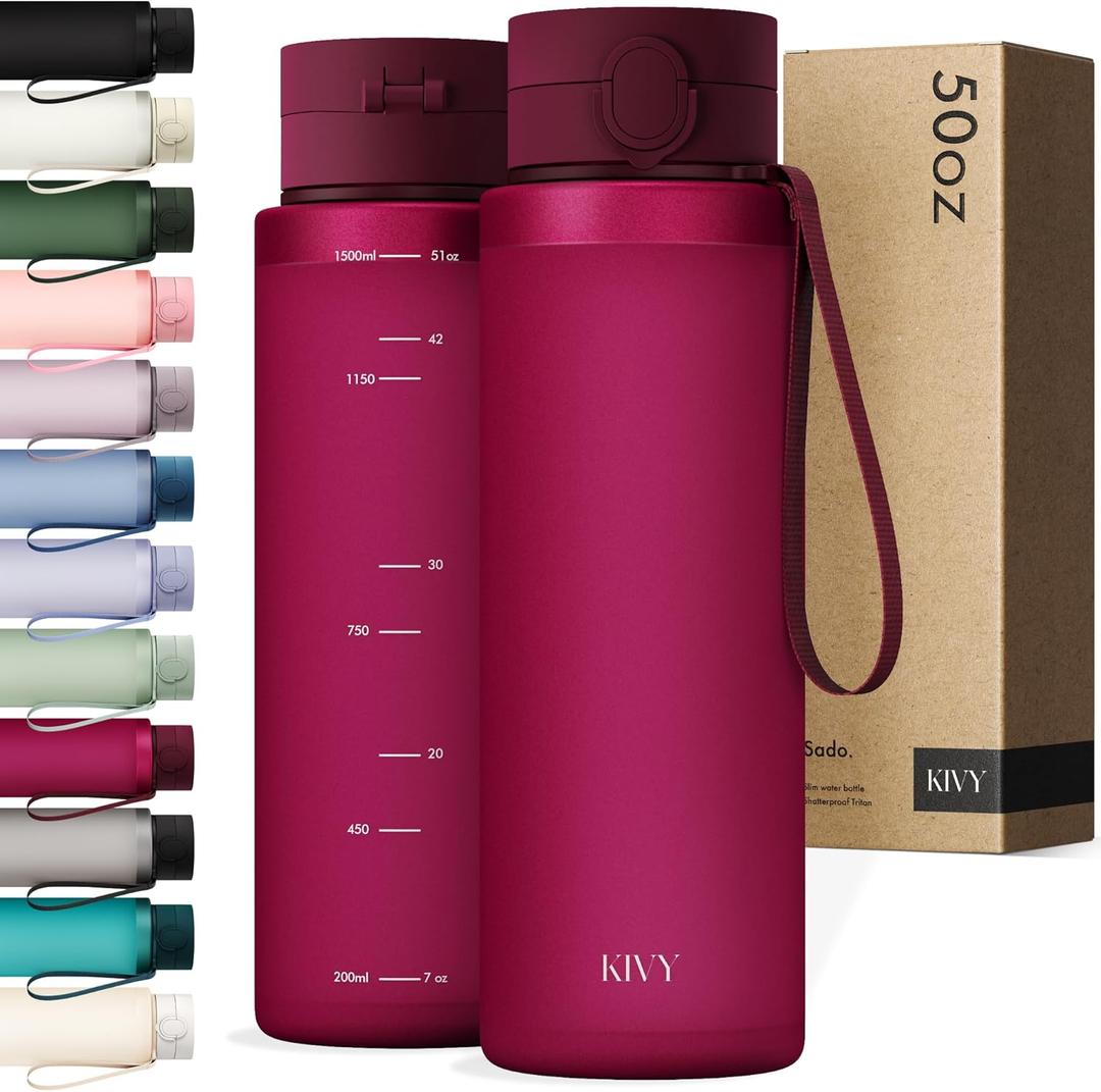KIVY Slim Water Bottle 50oz with Leakproof Flip Lid [Lightweight & Shatterproof] Fits Backpack & Cupholder for Travel, Sports, School - Extra large water bottle no straw - 1.5 Liter water bottles (50.7 Ounces, 03 Dark Ruby)