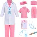 Kids Scrubs Pretend Play Kit with Lab Coat and Stethoscope - Doctor Dress Up for Boys & Girls (9-10 Years, Pink)