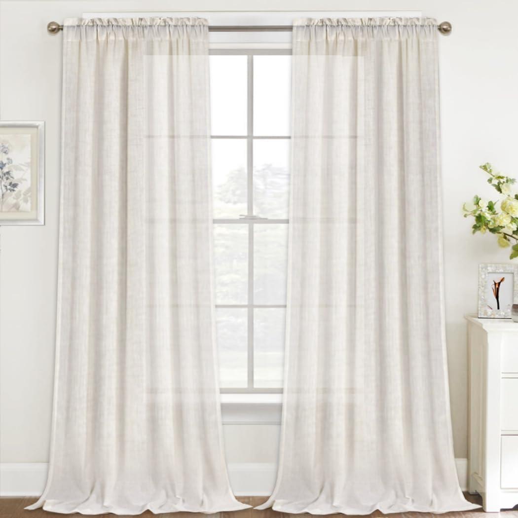 FantasDecor Linen Sheer Curtains 108 Inch Light Filtering Privacy Panels for Patio Sliding Glass Door Office Large Window Rod Pocket Window Treatment Drapes Farmhouse Boho Decor,W52 x L108, Natural