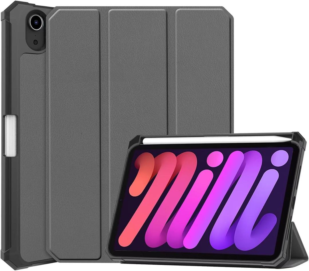 Tablet Cover for Apple iPad mini 6th 7th 8.3"(2021 2024 Release),Folio Stand Lightweight Leather Case with Stylus Holder for iPad mini 6 7 Gen A2567 A2568 A2569 A2993 A2995 A2996 (TPU-Gray)