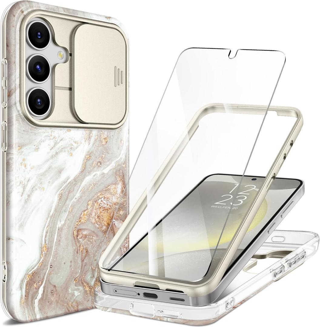 GVIEWIN for Samsung Galaxy S24 Plus Case, [Slide Camera Cover & Built-in Screen Protector] [Military-Grade Shockproof] Marble Rugged Full Body Protection Phone Case for S24+ Plus 6.7",Pearlescent/Gold