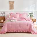 Pink Ruffled Comforter Set Twin Size, 3 Pieces (1 Ruffled Comforter and 2 Pillowcases) Farmhouse Shabby Chic Style with 2 Layers Ruffle, Solid Color Lightweight Soft Fluffy Bedding Sets for Girls