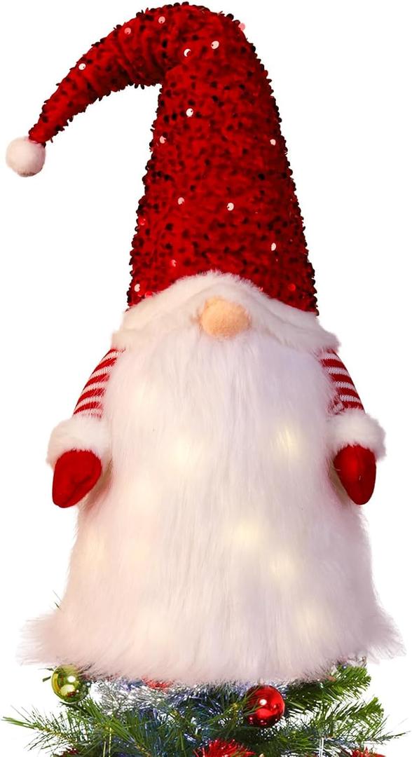 Unique Elf Christmas Tree Topper - Lighted Gnome with Red Sequin Hat, Sitting on Tree Topper for Christmas Decorations, Home Office, Party, Table, Shelf