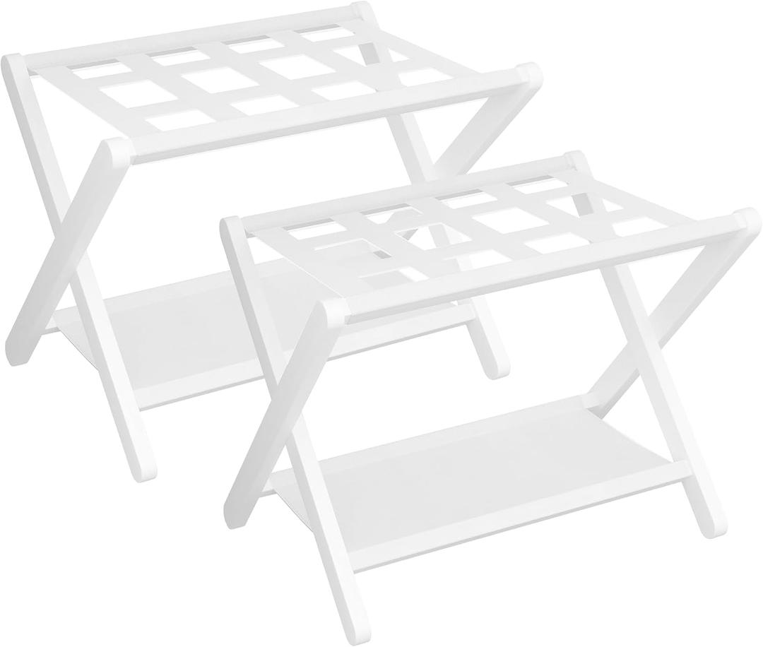 Heybly Luggage Rack, Pack of 2, Folding Suitcase Stand with Storage Shelf, Heavy-Duty Luggage Holder for Guest Room Bedroom Hotel, Holds up to 165 lb, White, HLR010W2