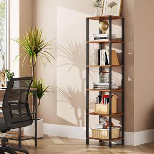 TUTOTAK Bookshelf, 6-Tier Tall Book Shelf, Narrow Bookcase for Small Space, DIY Stackable Bookshelf, for Living Room, Office, Study, Entryway, Industrial, Rustic Brown BS01BB006 (6-Tier(10.7 x 14.5 x 65.3 Inches))