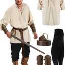 Jiuguva 4 Pcs Halloween Men's Renaissance Costume Set Medieval Pirate Shirt Ankle Banded Pants Viking Belt Accessories XXL
