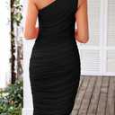 PRETTYGARDEN One Shoulder Dresses for Women 2026 Summer Ruched Mesh Asymmetrical Cocktail Wedding Guest Bodycon Dress (Black, L)
