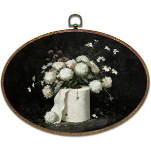 kdqua Dark Floral Bathroom Oval Wall Art Decor, White Flower Toilet Paper Canvas Artwork Framed, Moody Cottagecore Bathroom Wall Hanging Decorations for Washroom Restroom Spa, 11.4x8.6 Inch