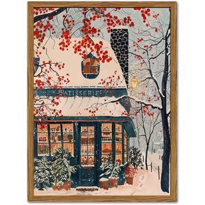 Christmas Wall Art Fine Snowy Street Wall Decor Pictures, Winter Cozy French Bakery Cafe Canvas Prints Paintings for Living Room Bedroom Dorm 12x16 inch Wood Framed