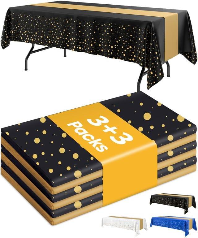 New Year Table Cloth for Rectangle Table and Table Runner Set - 3+3 Pack, Plastic Table Cloth Disposable, Black and Gold Tablecloth for Graduation Decoration, Birthday, Wedding, Baby Shower