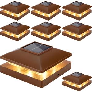 Solar Post Cap Lights Outdoor 8pack, Brown Waterproof Solar Powered Deck Fence Post Lights Fit 4x4 Wood/Vinyl Posts, Bright Warm White Solar Post Lights Decorate Deck, Patio, Porch, Fence