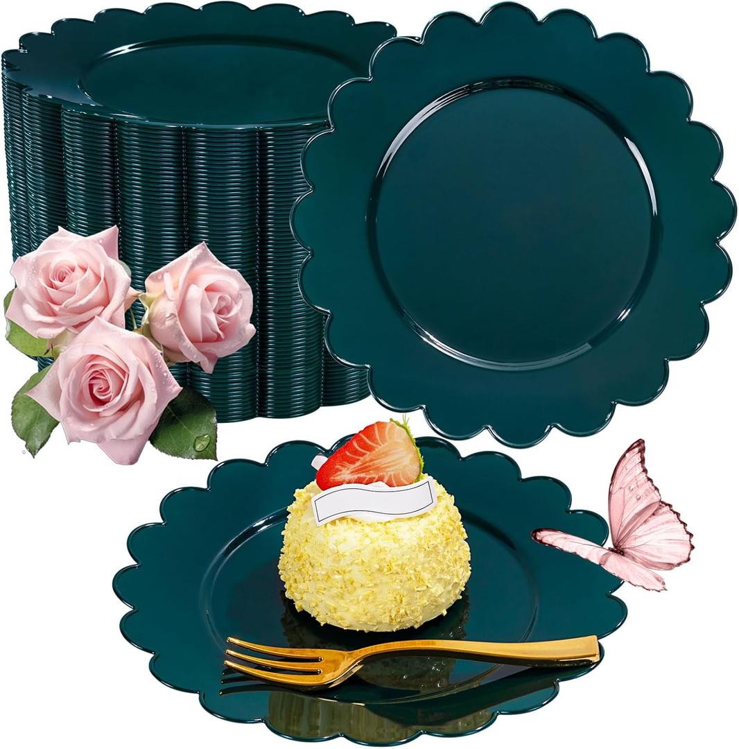 LIYH 200 Pcs Dark Green Dessert Plates - Disposable Cake Plates with Gold Forks, Gold Dessert Forks 5", Plastic Cake Plate 7.5" for Holiday Party (200Pcs(100 Guests))