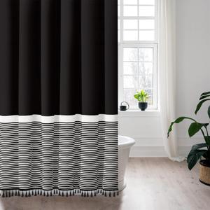 Seasonwood Black Shower Curtain White Striped with Black Tassels,Polyester Bath Curtain Decorative Spa Hotel Heavy Weighted 72-Inch Bathroom Curtains, 72 x 72