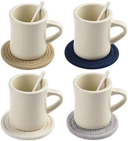 BYCNZB 11oz Ceramic Diner Coffee Mug set Stoneware Coffee Cups Set for Restaurant, Diner, Farmhouse, Coffee Shop, Home set of 4 with Coffee spoons and Woven Coasters (Cream)