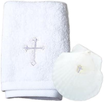 Baptism Towel with Baptism Shell Set - Baptism Towel for Boys and Girls, White Christening Cloth with Embroidery Cross, 100% Cotton Baptismal Cloth Baptismal Gifts for Infants Toddlers Kids (SILVER)