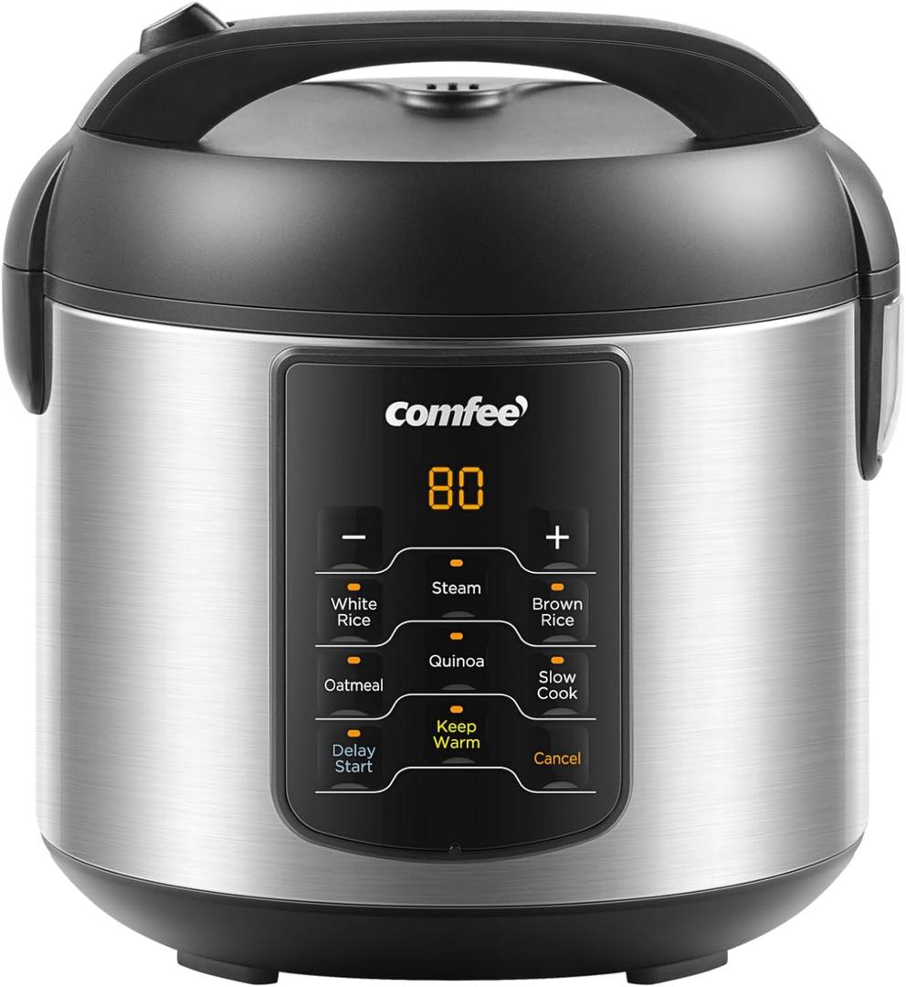 COMFEE' Rice Cooker Upgraded, 6-in-1 Stainless Steel Multi Cooker, Slow Cooker, Steamer, Saute, and Warmer, 2 QT, 8 Cups Cooked(4 Cups Uncooked), Brown Rice, Quinoa and Oatmeal, 6 One-Touch Programs