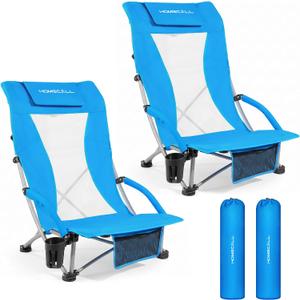 2 Pack Low Beach Chairs for Adults with High Back, Support 400LBS | Portable Beach Chair with 3-Position Adjustable Upper Backrest, Neck Support & Cup Holder for Beach, Caming, Ocean Blue