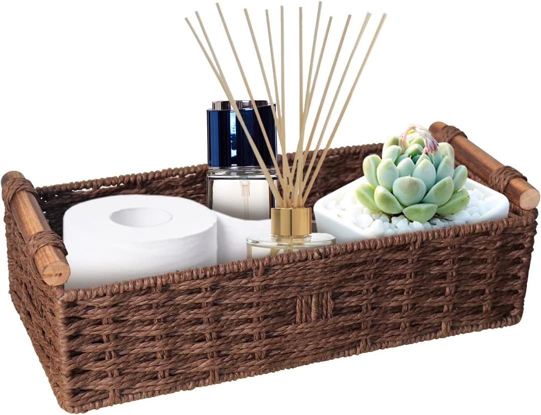 Round Paper Rope Storage Basket Wicker for Organizing with Handle, Decorative Bins Countertop Toilet Paper for Tank Top Small Set, Brown