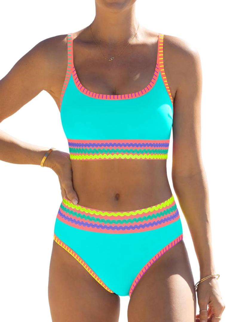 popvil High Waisted Bikini Sets for Women Neon 2 Piece Swimsuit 2026 Full Coverage Adjustable Straps Bathing Suit (Medium, Blue)