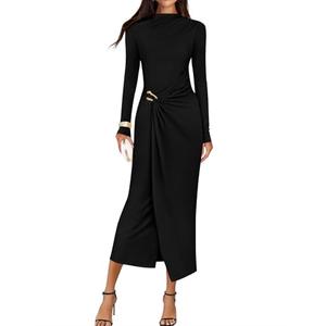 ZESICA Women's 2026 Spring Long Sleeve Bodycon Dress Mock Neck Wedding Guest Cocktail Party Long Midi Dresses Black Medium