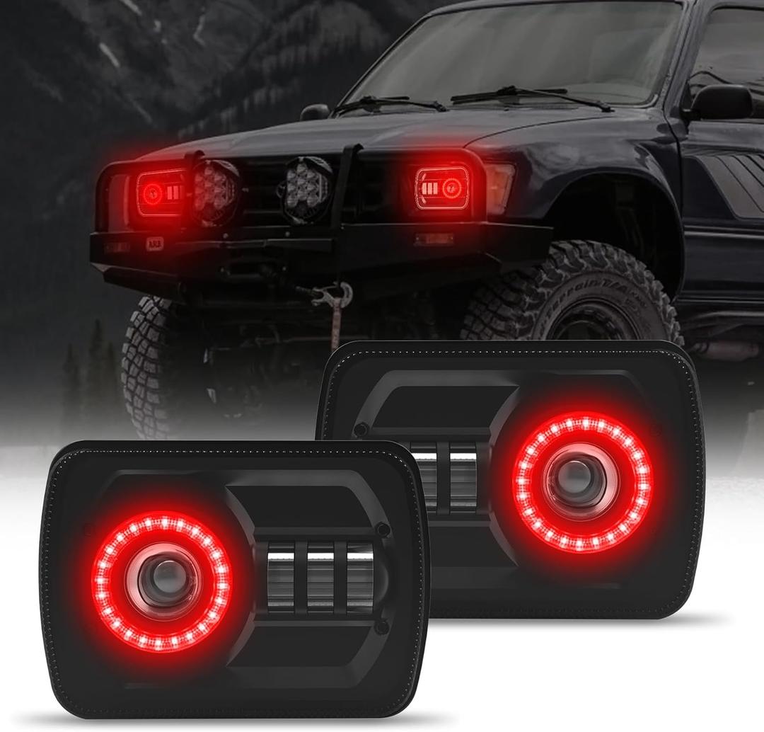 DOXMALL 2Pcs Rectangle 57 76 Inch LED Headlights with Halo DRL & Turn Signal High/Low Beam,Compatible With Cherokee XJ Wrangler YJ GMC Dodge Kenworth T300 Replacement H6054 H5054 6052 (Red Halo)