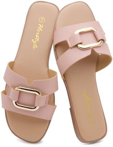 Herstyle Women’s Flat Sandals 2025 – Square Open Toe Fashion Casual Slides with Metal Chain, Memory Foam Footbed Insole, Slip-On Dressy Sandals for Summer