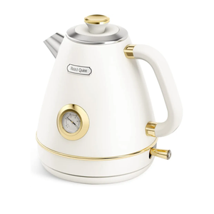 Hazel Quinn Retro Electric Kettle - 1.7 Liters / 57.5 Ounces Tea Kettle with Thermometer, All Stainless Steel, 1200 Watts Fast Boiling, BPA-free, Cordless, Automatic Shut Off - Pearl White