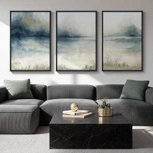 Large Framed Abstract Nature Landscape Wall Art for Living Room, 3 Piece Blue Watercolor Canvas Prints Paintings Artwork for Walls, Misty Lake Mountain Pictures for Hallway Office Wall Decor 24x36 In